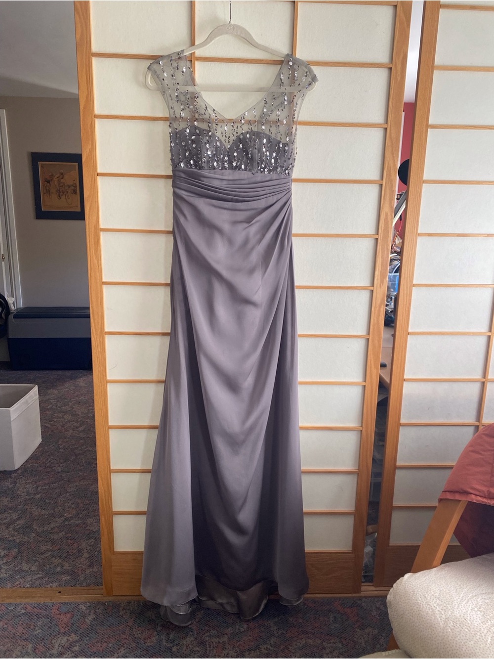 Beaded Illusion Bodice Evening or Prom Gown in Gray